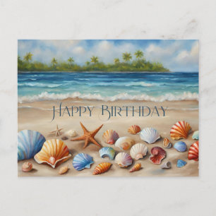 Carte Postale Joyeux coquillages d'anniversaire sur la plage tro