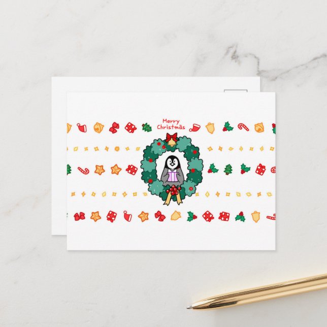 Carte postale Joyeux de pingouin Noël (Devant/Arrière en situation)