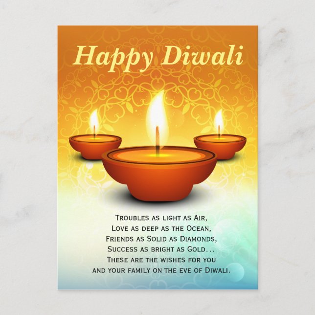Carte Postale Joyeux Diwali lampes à huile vert doré (Devant)