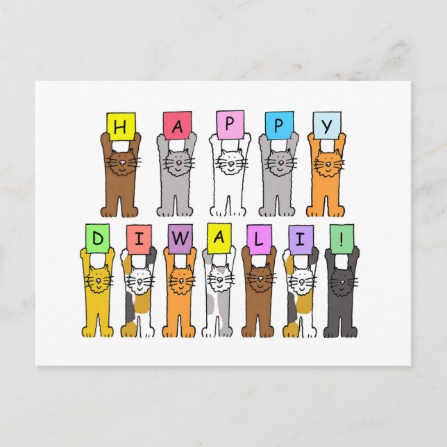 Carte Postale Joyeux Diwali, Mignons Chats Caricaturaux. (Devant)