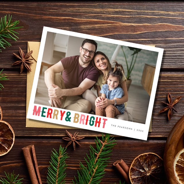 Carte Postale Joyeux et brillant Photo de famille Noël (Merry and Bright Family Photo Christmas Holiday Postcard)