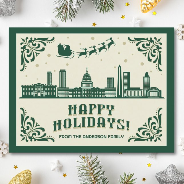 Carte postale Joyeux Fêtes de Washington, DC Skyli (Happy Holidays Washington, DC skyline cityscape christmas postcard customizable real estate Santa )