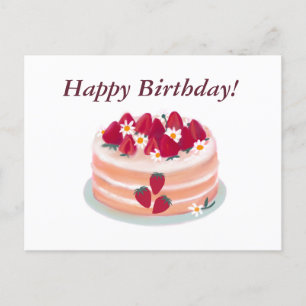 Carte Postale Joyeux gâteau aux fraises et fleurs d'anniversaire