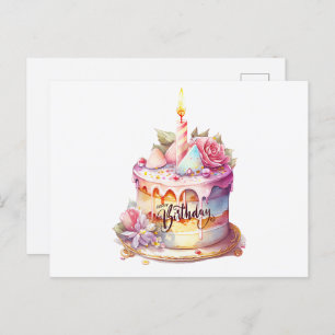 Carte Postale Joyeux gâteau d'aquarelle d'anniversaire avec fleu