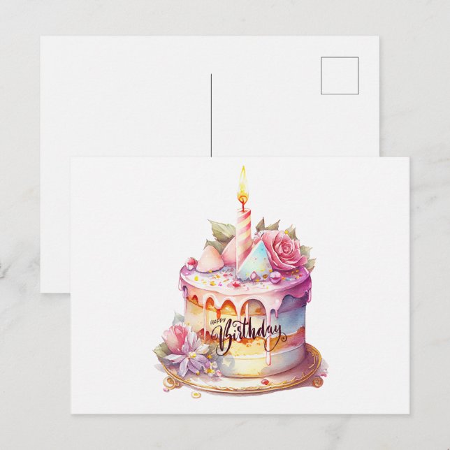 Carte Postale Joyeux gâteau d'aquarelle d'anniversaire avec fleu (Devant / Derrière)