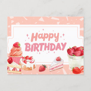 Carte Postale Joyeux gâteaux aux fruits de fraise à l'aquarelle 