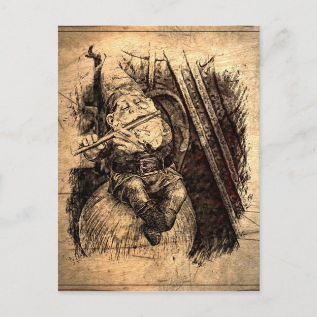 Carte Postale Joyeux Gnome assis sur un champignon jouant d'une  (Devant)