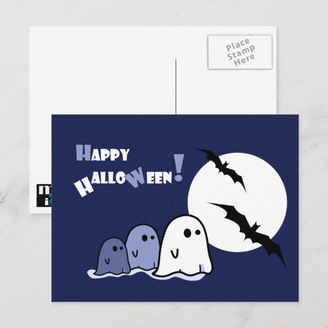 Carte Postale Joyeux Halloween. Amusant Petit Fantôme (Devant / Derrière)