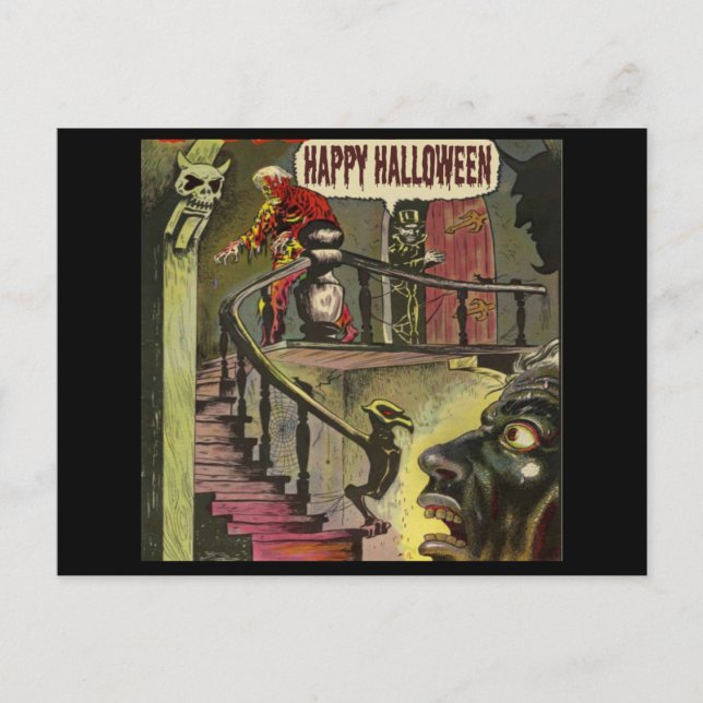 Carte Postale Joyeux Halloween avec maison hantée et fantôme (Devant)