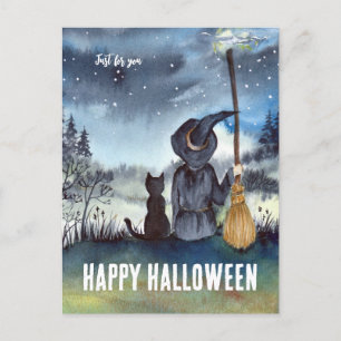 Carte Postale Joyeux Halloween Chat Noir Sorcière