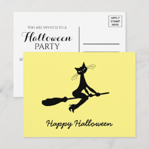 Carte Postale Joyeux Halloween, Chat Sur Invitation Broomstick