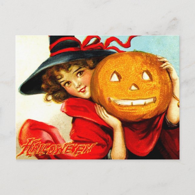 Carte Postale Joyeux Halloween de la sorcière en rouge (Devant)