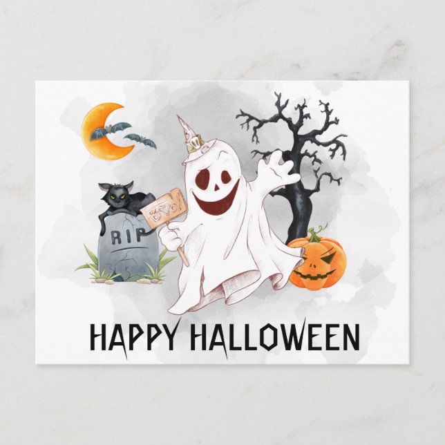 Carte Postale Joyeux Halloween Fantôme Aquarelle (Devant)