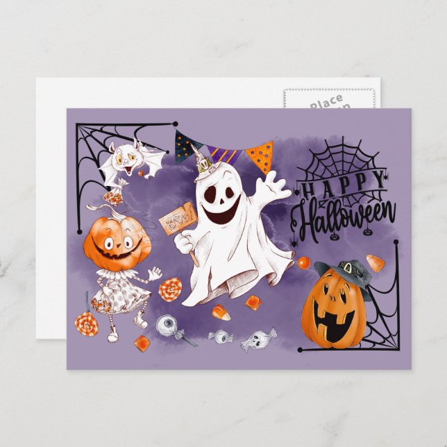 Carte Postale Joyeux Halloween. Fun Ghost, Jack O'Lantern (Devant / Derrière)