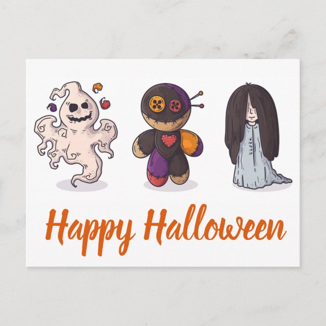 Carte Postale Joyeux Halloween Ghost Voodoo poupée et fille (Devant)