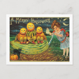 Carte Postale Joyeux Halloween, Jack O Lanterns, Fille, Vintage