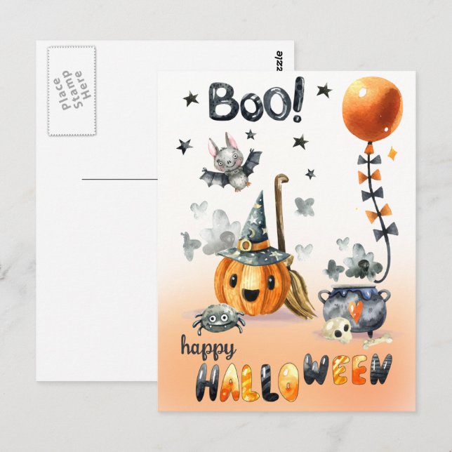 Carte Postale Joyeux Halloween. Jack O'Lantern amusant et petite (Devant / Derrière)