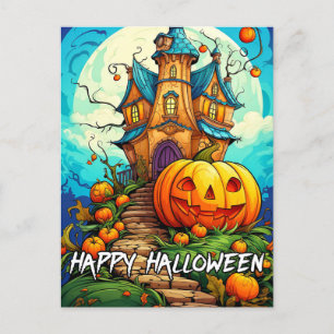 Carte Postale Joyeux Halloween   Maison Citrouille et hantée