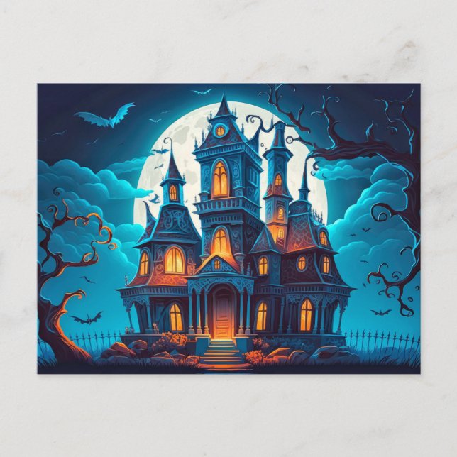 Carte Postale Joyeux Halloween | Maison Éffrayante hantée (Devant)