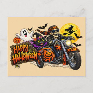 Carte Postale Joyeux Halloween moto squelette de motard effrayan