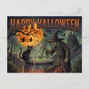 Carte Postale Joyeux Halloween Sorcière Chat Noir Pleine Lune Ré