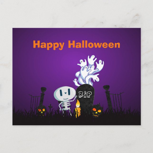 Carte Postale Joyeux Halloween Squelette Et Fantômes (Devant)