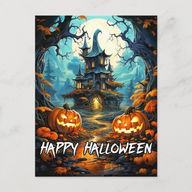 Carte Postale Joyeux Halloween vieille maison hantée (Devant)