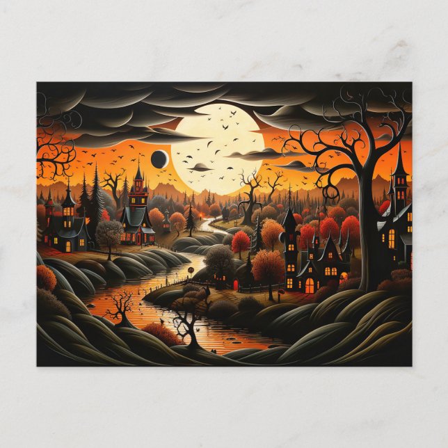Carte Postale Joyeux Halloween | Village Éffrayant (Devant)
