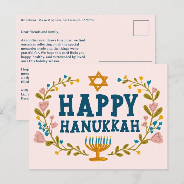 Carte Postale Joyeux Hanoukka Couronne de fleurs Menorah Texte p (Devant / Derrière)