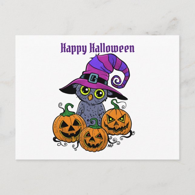 Carte Postale Joyeux hibou Halloween et citrouille, personnalisé (Devant)