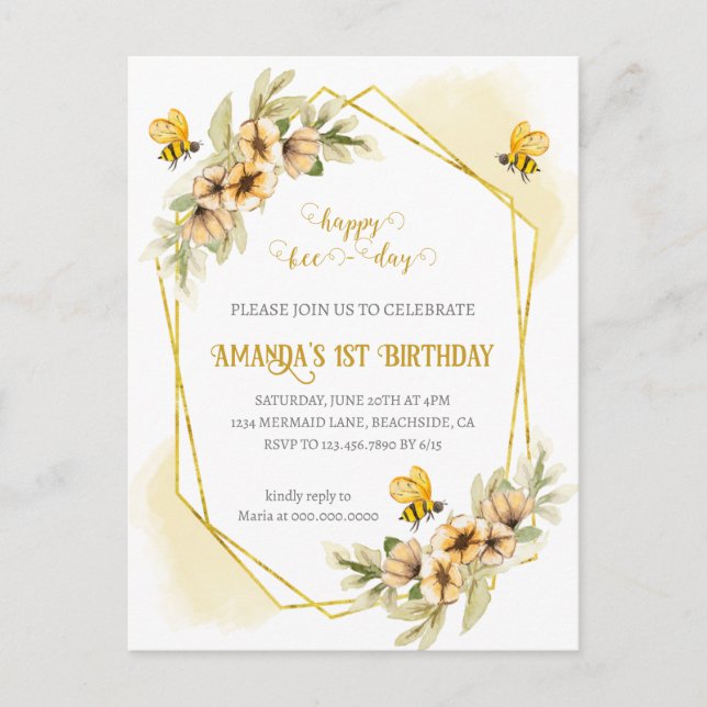 Carte Postale Joyeux Jour d'Abeille Première Invitation Annivers (Devant)