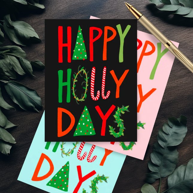 Carte Postale JOYEUX JOURS SAINTS Joyeux Noël (Happy Holly Days cute quirky handmade Christmas postcard)