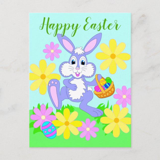 Carte Postale Joyeux lapin de Pâques mignonne Cartoon Fleurs de  (Devant)