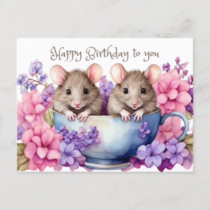 Carte Postale Joyeux Mice d'aquarelle d'anniversaire dans une Te