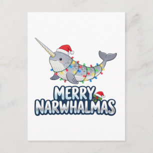 Carte Postale Joyeux Narwhalmas portant un chapeau de Père Noël 