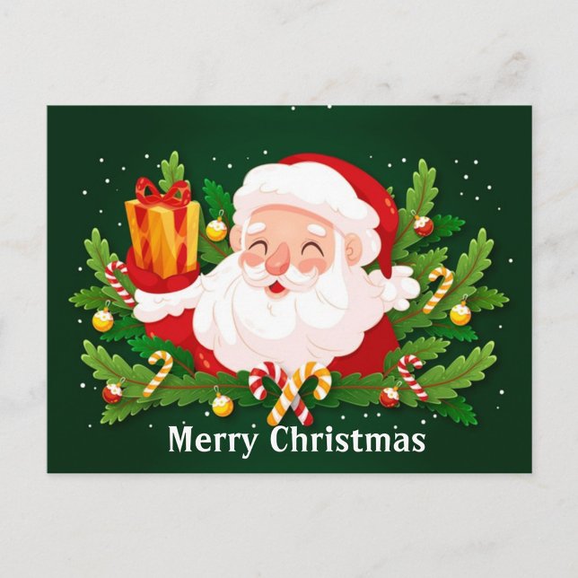 Carte Postale Joyeux Noël (Illustration of a smiling Santa Claus holding a gift, surrounded by Christmas decorations!)