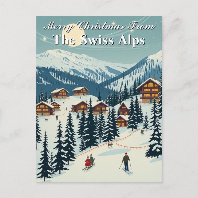Carte Postale Joyeux Noël Alpes suisses Village de ski alpin (Devant)