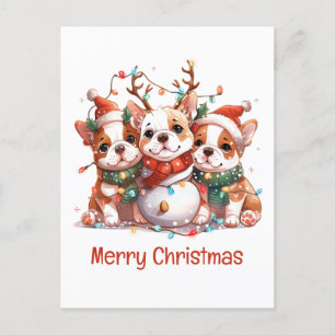 Carte Postale Joyeux Noël anglais Bulldog Reindeer Père Noël