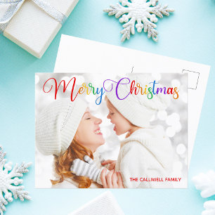 Carte Postale Joyeux Noël Arc en ciel Script Famille Photo Plutô