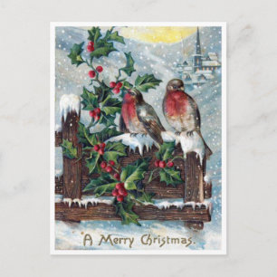 Carte Postale Joyeux Noël aux oiseaux rouges vintage et au houx