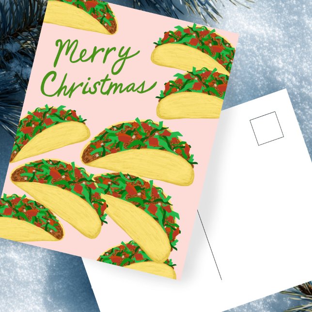 Carte Postale JOYEUX NOËL Avalanche de tacos Délicieuses Fêtes (MERRY CHRISTMAS Taco Avalanche Delicious Holiday Pink Green Red Postcard
)