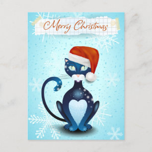 Carte Postale Joyeux Noël avec chat noir avec Casquette Père Noë