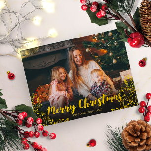 Carte Postale Joyeux Noël avec feuillage en feuille d'or mignon