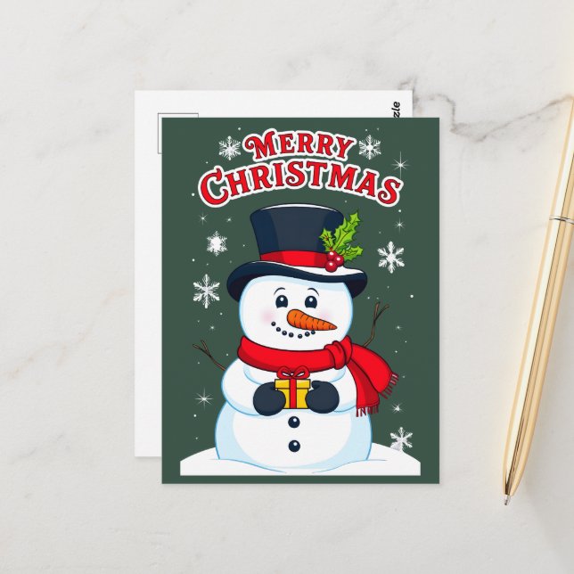 Carte Postale Joyeux Noël avec un Bonhomme de Neige Magique (Devant/Arrière en situation)