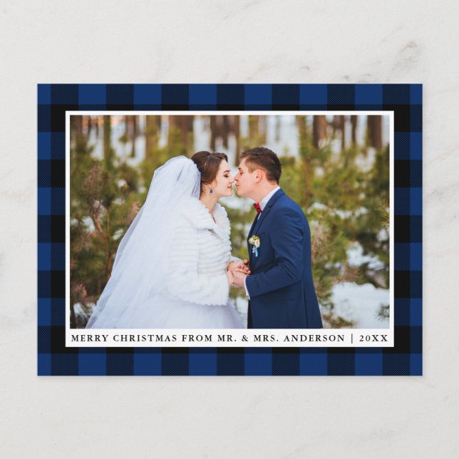 Carte Postale Joyeux Noël bleu Plaid Photo Mariage (Devant)