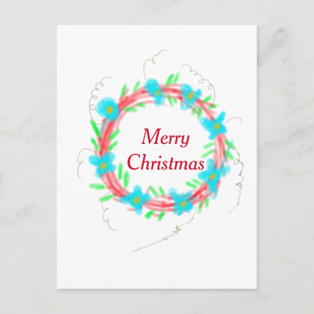 Carte Postale Joyeux Noël bleu rouge guirlande aquarelle vacance (Devant)