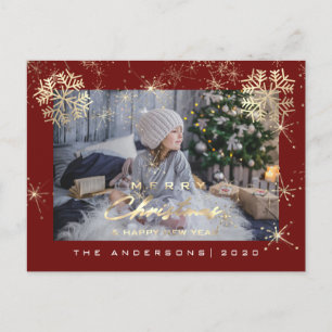 Carte Postale Joyeux Noël Bonne Année Gold Snow Maroon Photo