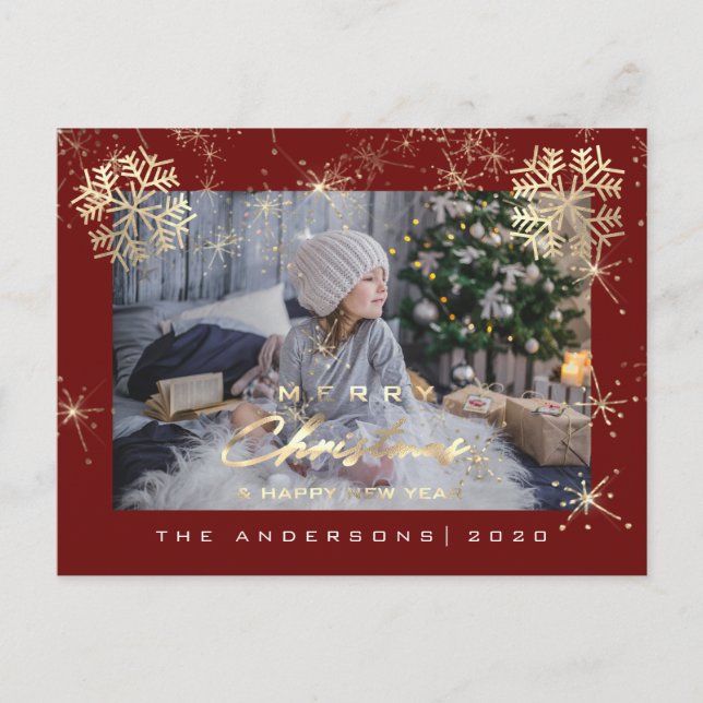 Carte Postale Joyeux Noël Bonne Année Gold Snow Maroon Photo (Devant)