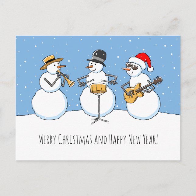 Carte Postale Joyeux Noël Bonne année Snowman Jazzband (Devant)