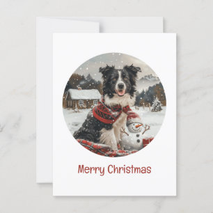 Carte Postale Joyeux Noël Bordure Collie Chien Snowman